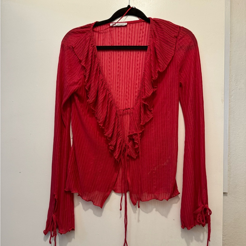 Zara Fuschia Pleated Ruffle Tie Top Size S
